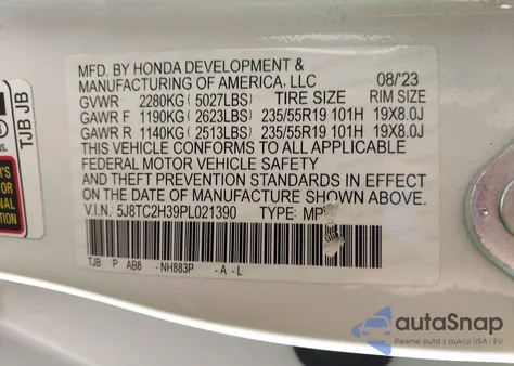 2023 Acura Rdx Standard z USA, uszkodzony, nr VIN 5J8TC2H39PL021390